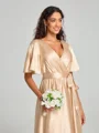 A-Line/Princess V-neck Floor-Length Short Sleeves Silk like Satin Bridesmaid Dress