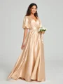 A-Line/Princess V-neck Floor-Length Short Sleeves Silk like Satin Bridesmaid Dress