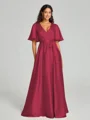 A-Line/Princess V-neck Floor-Length Short Sleeves Silk like Satin Bridesmaid Dress