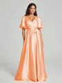A-Line/Princess V-neck Floor-Length Short Sleeves Silk like Satin Bridesmaid Dress