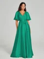 A-Line/Princess V-neck Floor-Length Short Sleeves Silk like Satin Bridesmaid Dress
