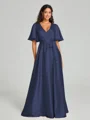 A-Line/Princess V-neck Floor-Length Short Sleeves Silk like Satin Bridesmaid Dress