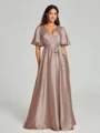 A-Line/Princess V-neck Floor-Length Short Sleeves Silk like Satin Bridesmaid Dress