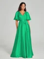 A-Line/Princess V-neck Floor-Length Short Sleeves Silk like Satin Bridesmaid Dress