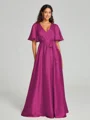 A-Line/Princess V-neck Floor-Length Short Sleeves Silk like Satin Bridesmaid Dress