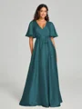 A-Line/Princess V-neck Floor-Length Short Sleeves Silk like Satin Bridesmaid Dress