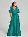 A-Line/Princess V-neck Floor-Length Short Sleeves Silk like Satin Bridesmaid Dress