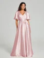 A-Line/Princess V-neck Floor-Length Short Sleeves Silk like Satin Bridesmaid Dress