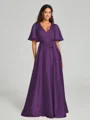 A-Line/Princess V-neck Floor-Length Short Sleeves Silk like Satin Bridesmaid Dress