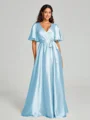 A-Line/Princess V-neck Floor-Length Short Sleeves Silk like Satin Bridesmaid Dress