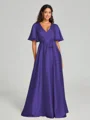 A-Line/Princess V-neck Floor-Length Short Sleeves Silk like Satin Bridesmaid Dress
