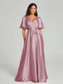 A-Line/Princess V-neck Floor-Length Short Sleeves Silk like Satin Bridesmaid Dress