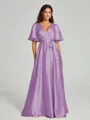 A-Line/Princess V-neck Floor-Length Short Sleeves Silk like Satin Bridesmaid Dress