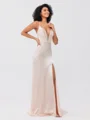 Sheath/Column Silk like Satin Ruched V-neck Sleeveless Sweep/Brush Train Bridesmaid Dresses
