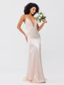 Sheath/Column Silk like Satin Ruched V-neck Sleeveless Sweep/Brush Train Bridesmaid Dresses