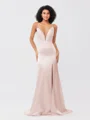Sheath/Column Silk like Satin Ruched V-neck Sleeveless Sweep/Brush Train Bridesmaid Dresses