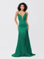 Sheath/Column Silk like Satin Ruched V-neck Sleeveless Sweep/Brush Train Bridesmaid Dresses