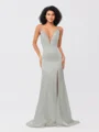 Sheath/Column Silk like Satin Ruched V-neck Sleeveless Sweep/Brush Train Bridesmaid Dresses