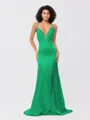 Sheath/Column Silk like Satin Ruched V-neck Sleeveless Sweep/Brush Train Bridesmaid Dresses