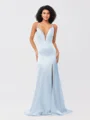 Sheath/Column Silk like Satin Ruched V-neck Sleeveless Sweep/Brush Train Bridesmaid Dresses