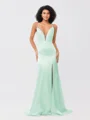Sheath/Column Silk like Satin Ruched V-neck Sleeveless Sweep/Brush Train Bridesmaid Dresses