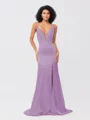 Sheath/Column Silk like Satin Ruched V-neck Sleeveless Sweep/Brush Train Bridesmaid Dresses