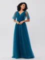 A-Line/Princess Tulle Ruffles V-neck Short Sleeves Floor-Length Bridesmaid Dresses