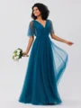 A-Line/Princess Tulle Ruffles V-neck Short Sleeves Floor-Length Bridesmaid Dresses
