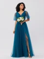 A-Line/Princess Tulle Ruffles V-neck Short Sleeves Floor-Length Bridesmaid Dresses