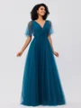 A-Line/Princess Tulle Ruffles V-neck Short Sleeves Floor-Length Bridesmaid Dresses