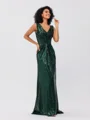 Sheath/Column Sequins Ruched V-neck Sleeveless Sweep/Brush Train Bridesmaid Dresses