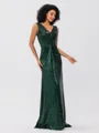 Sheath/Column Sequins Ruched V-neck Sleeveless Sweep/Brush Train Bridesmaid Dresses