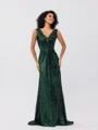 Sheath/Column Sequins Ruched V-neck Sleeveless Sweep/Brush Train Bridesmaid Dresses