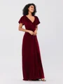 A-Line/Princess Velvet Ruched V-neck Short Sleeves Sweep/Brush Train Bridesmaid Dresses