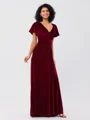 A-Line/Princess Velvet Ruched V-neck Short Sleeves Sweep/Brush Train Bridesmaid Dresses