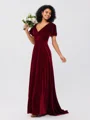 A-Line/Princess Velvet Ruched V-neck Short Sleeves Sweep/Brush Train Bridesmaid Dresses