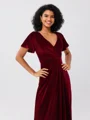 A-Line/Princess Velvet Ruched V-neck Short Sleeves Sweep/Brush Train Bridesmaid Dresses