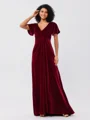 A-Line/Princess Velvet Ruched V-neck Short Sleeves Sweep/Brush Train Bridesmaid Dresses