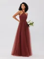 A-Line/Princess Tulle Ruffles Halter Sleeveless Floor-Length Bridesmaid Dresses
