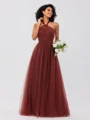 A-Line/Princess Tulle Ruffles Halter Sleeveless Floor-Length Bridesmaid Dresses