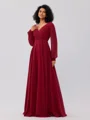 A-Line/Princess Chiffon Ruched V-neck Long Sleeves Floor-Length Bridesmaid Dresses