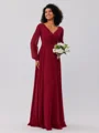 A-Line/Princess Chiffon Ruched V-neck Long Sleeves Floor-Length Bridesmaid Dresses