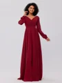 A-Line/Princess Chiffon Ruched V-neck Long Sleeves Floor-Length Bridesmaid Dresses