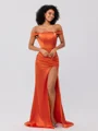 Sheath/Column Silk like Satin Ruched Off-the-Shoulder Sleeveless Sweep/Brush Train Bridesmaid Dresses