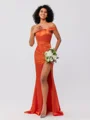 Sheath/Column Silk like Satin Ruched Off-the-Shoulder Sleeveless Sweep/Brush Train Bridesmaid Dresses
