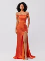 Sheath/Column Silk like Satin Ruched Off-the-Shoulder Sleeveless Sweep/Brush Train Bridesmaid Dresses
