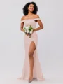 Sheath/Column Silk like Satin Ruched Off-the-Shoulder Sleeveless Sweep/Brush Train Bridesmaid Dresses