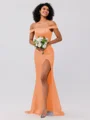 Sheath/Column Silk like Satin Ruched Off-the-Shoulder Sleeveless Sweep/Brush Train Bridesmaid Dresses