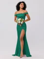 Sheath/Column Silk like Satin Ruched Off-the-Shoulder Sleeveless Sweep/Brush Train Bridesmaid Dresses