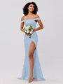 Sheath/Column Silk like Satin Ruched Off-the-Shoulder Sleeveless Sweep/Brush Train Bridesmaid Dresses
